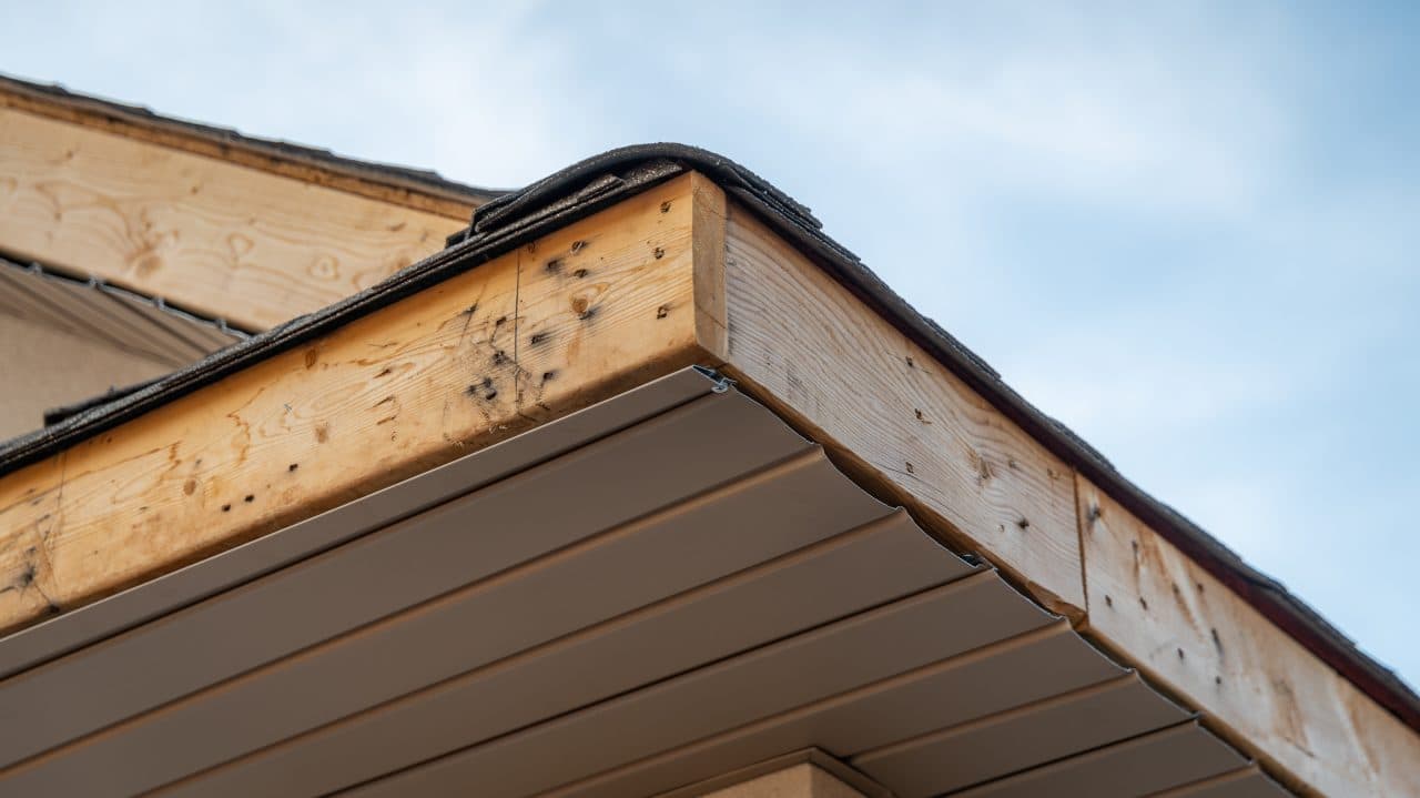 Exposed wood along a roof edge before gutter, soffit and fascia work